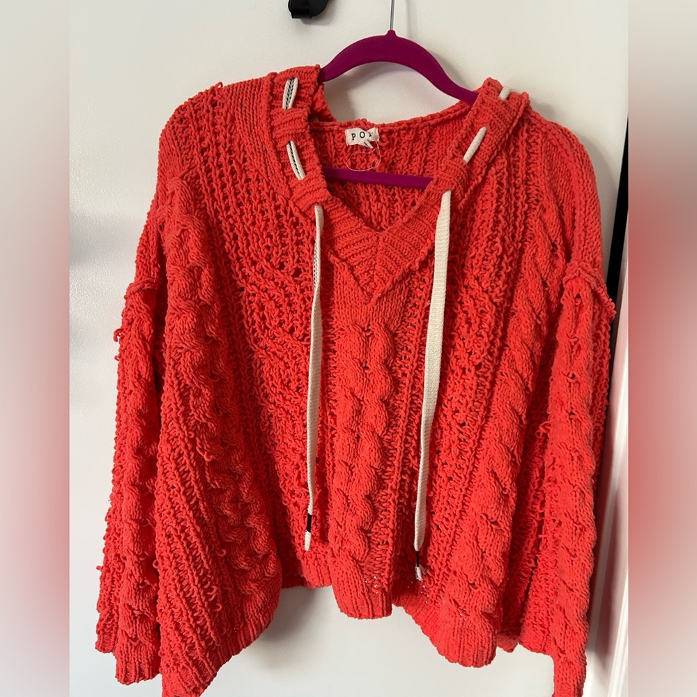 POL Vibrant Tangerine V-Neck Hoodie Sweater